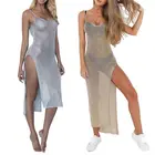 Женское пикантное летнее солнцезащитное прозрачное Сетчатое бикини, накидка с металлическим блеском, однотонное пляжное Клубное вечернее платье без рукавов с открытой спиной и высоким разрезом