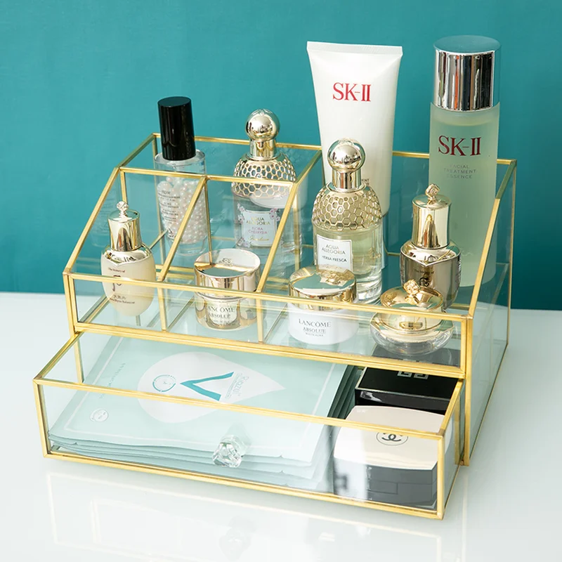 

Brass Glass Cosmetic Organizer Box Bathroom Storage Makeup Perfume Storage Nail Polish Lipstick Holder Drawer Display Shelf WF