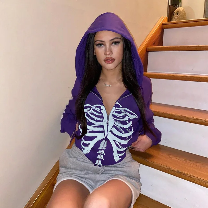 

Goth Grunge Skeleton Print Hoodies Sweatshirt Autumn Women Harajuku Long Sleeve Loose Oversized Zip Up Cropped Jacket Coat Tops