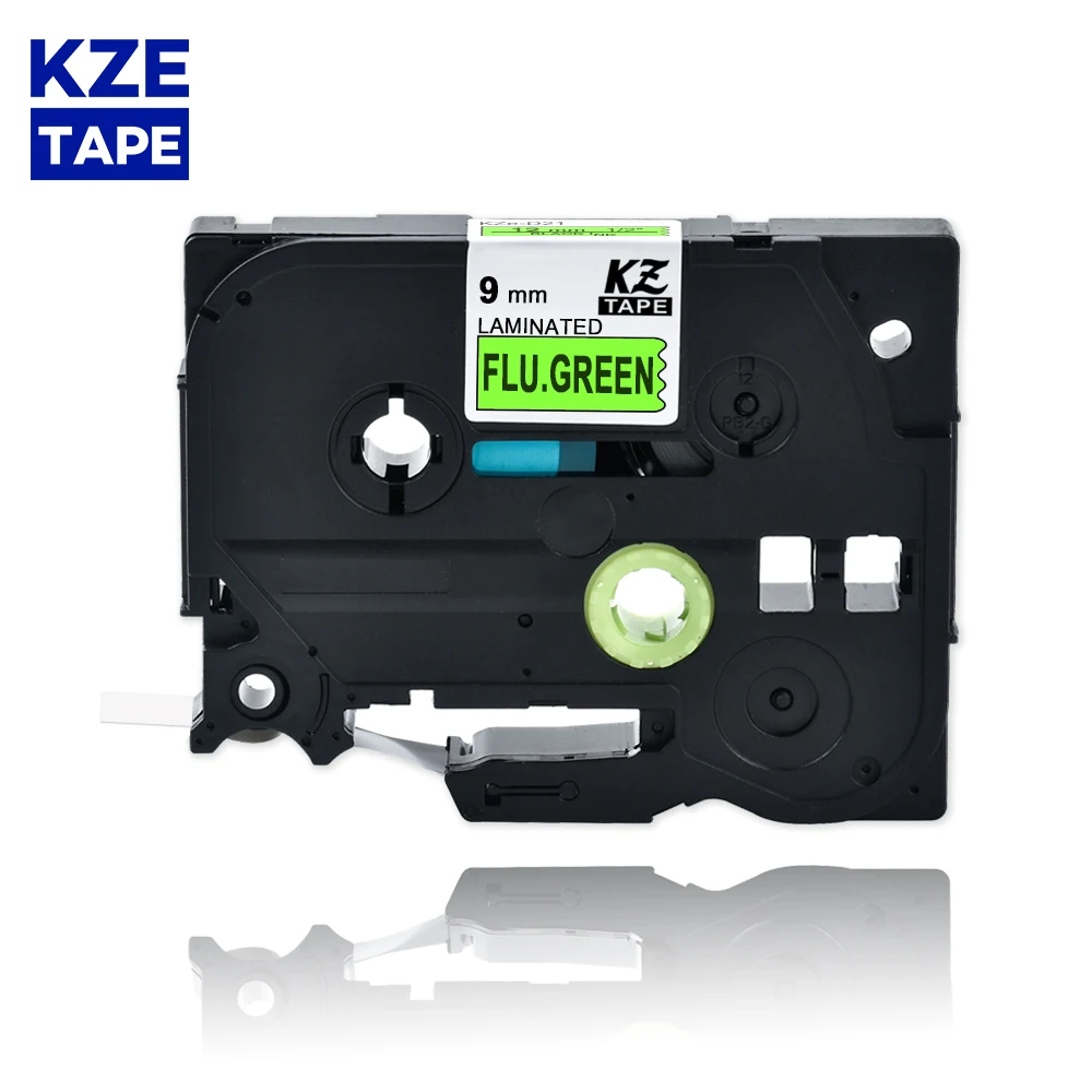 

9mm TzeD21 Black on Flu.Green Laminated Label Tape Cassette Cartridge label ribbon Tze-D21 tze D21 tzeD21 for P-touch PT