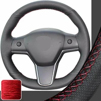 real leather steering wheel cover diy stitch wrap for tesla model 3 y 2020 2021 super soft non slip durable car interior