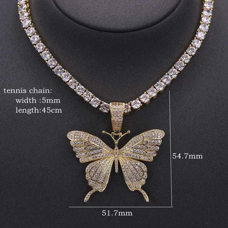 

Luxury Butterfly Pendant Necklace sparking bling Iced Out Tennis Chain Choker Cubic Zircon Stone Gold color Hip hop Rock Jewelry