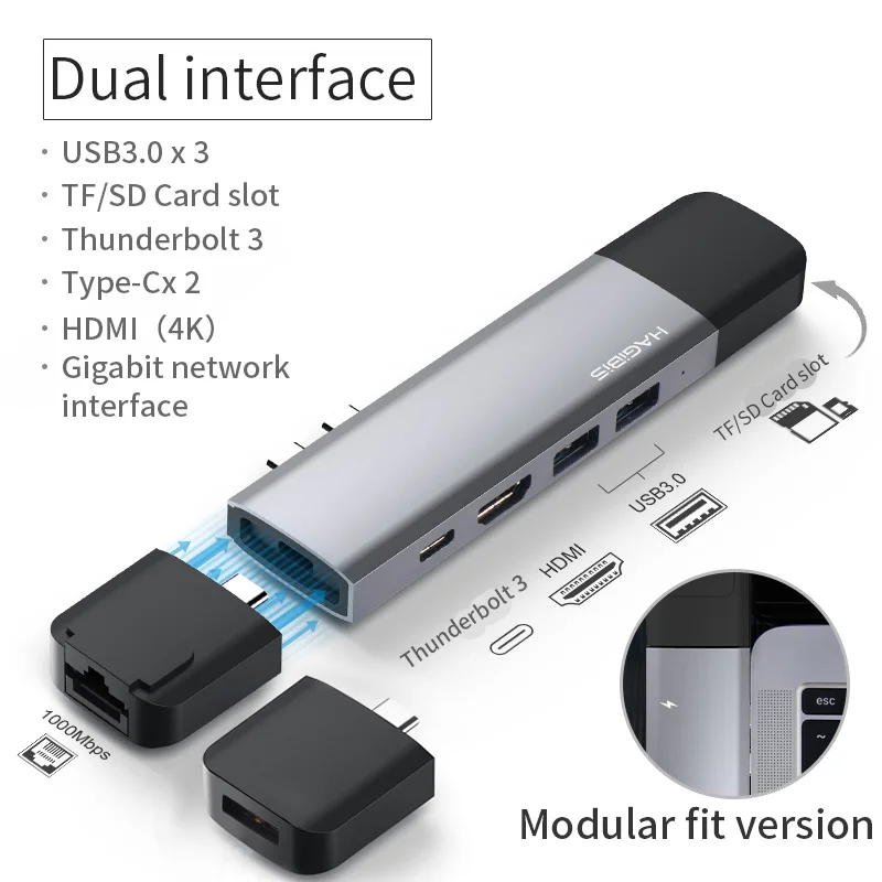 Hagibis 7-в-1 двойной USB-C концентратор Тип-C USB HUB адаптер USB-C к HDMI SD/TF Card Reader PD зарядки 4 к HD для MacBook Pro USB 3,0 концентратор - Цвет: Modular version