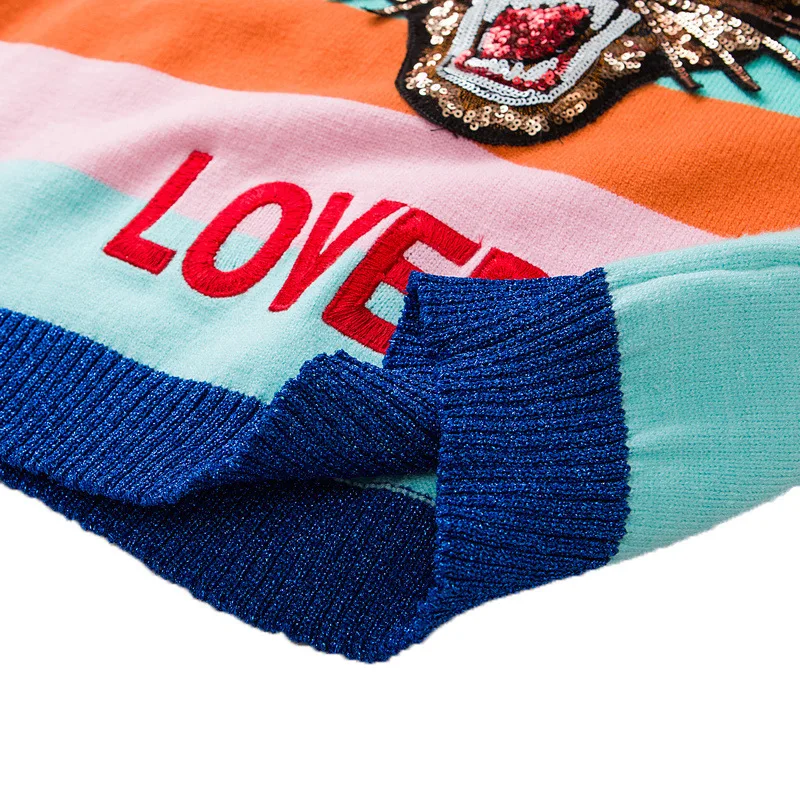 Women Sweater Rainbow Striped Unisex Runway Floral Embroidery Tiger Wool Pullovers Knitted Sweaters Letters Pull Femme Men Tops | Женская