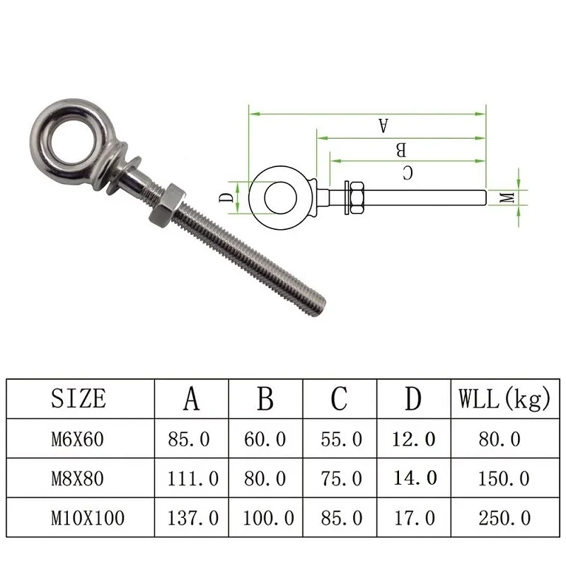 

5PCS M10x100 Stainless Steel 316 HX Long Shoulder Eye Bolts Heavy Duty High Polished Lifting Eye Bolt