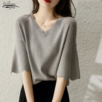 womens summer knitting shirt petal sleeve v neck top loose short sleeve ice silk sweater thin style womens fashion shirt 14799