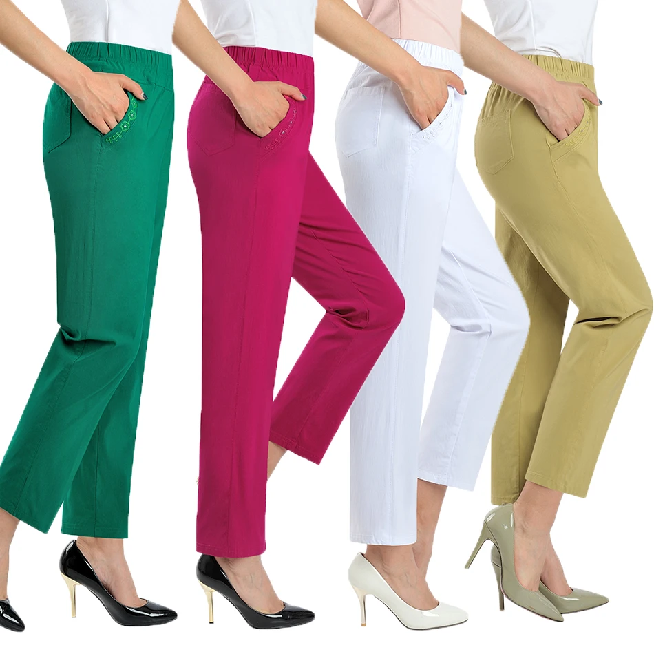 

Повседневные брюки для женщин среднего возраста Новинка эластичные Прямые хлопковые брюки с высокой талией белые черные женские летние бр...