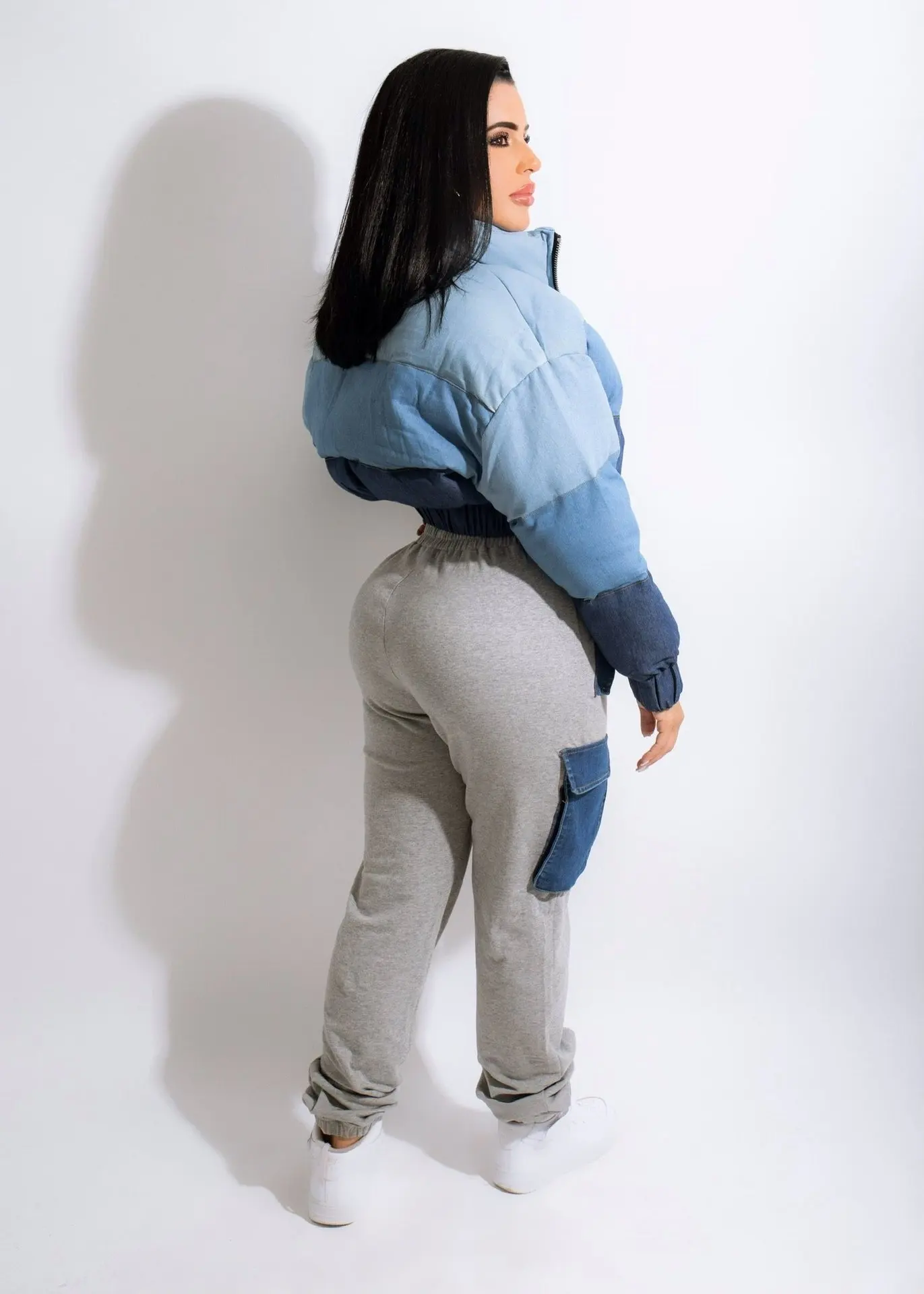 Women's 2023 Winter New Fashion Casual Denim Coat Short Personality Slim Gradient Splicing Cotton Jacket Stand Collar Zipper Top
