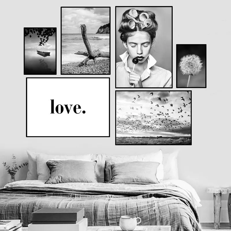 

Lovers Walk on the Beach Dandelion Scandinavian Art Prints Black And White Pictures Travel Vacation Scenery Wall Posters HD0131