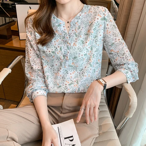 Fashion flower printing ladies shirts Women's chiffon Blouses 2022 Spring Autumn Long Sleeve Shirts Tops Blusas Mujer