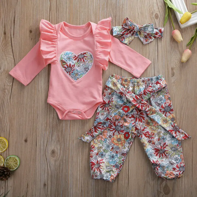 

Autumn Newborn Kid Baby Girl Clothes Flower Romper Tops+ Pants Headband Outfit Set 3PCS