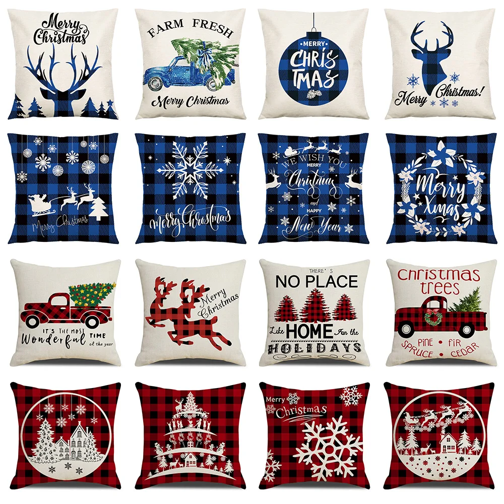 

Christmas Cushion Cover 18x18 Inch Red and Blue Merry Christmas Printed Farmhouse Decorative Buffalo Check Linen Pillowcase