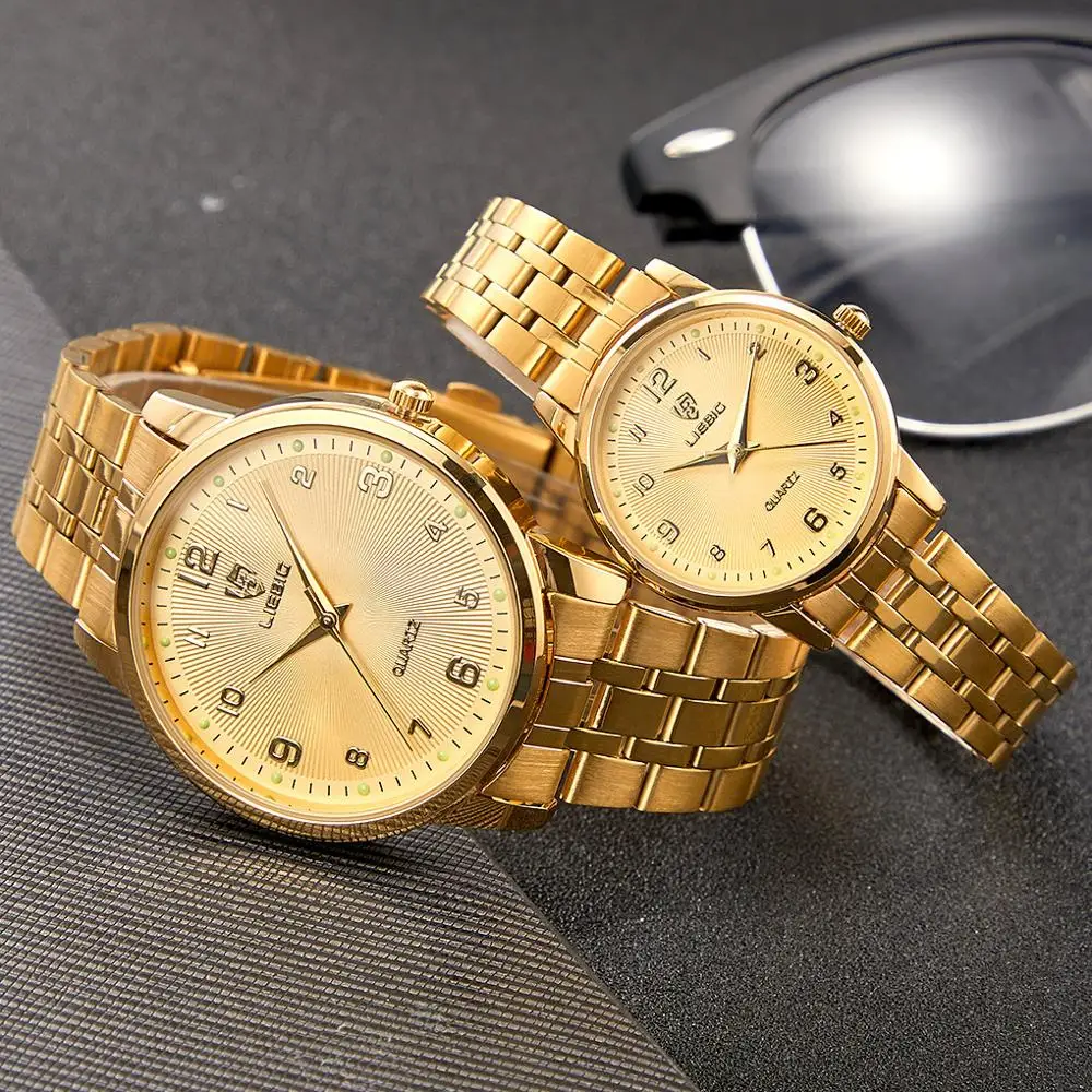 

Couple Golden Women Men Watch New Fashion King Queen Lover Wrist watch Luxury Stainless Steel Adjustable Strap reloj mujer L1013