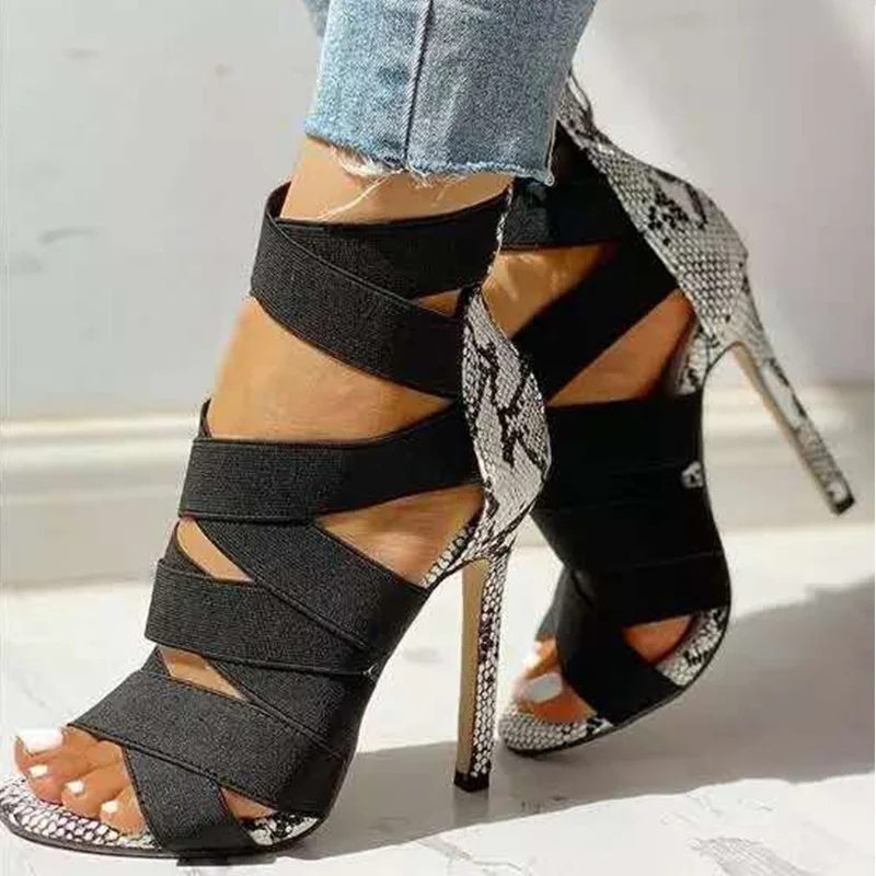 Women's Sandals Sexy Gladiator Stilettos Ladies Snakeskin High Heels Summer Rome Zipper Pumps Female Shoes Sandalias Mujer 2020