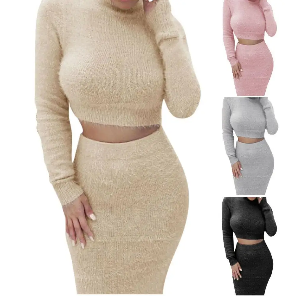 

Womens Winter Sweater Skirt Long Sleeve Cropped Top+ Pencil Skirt Knitted Suit