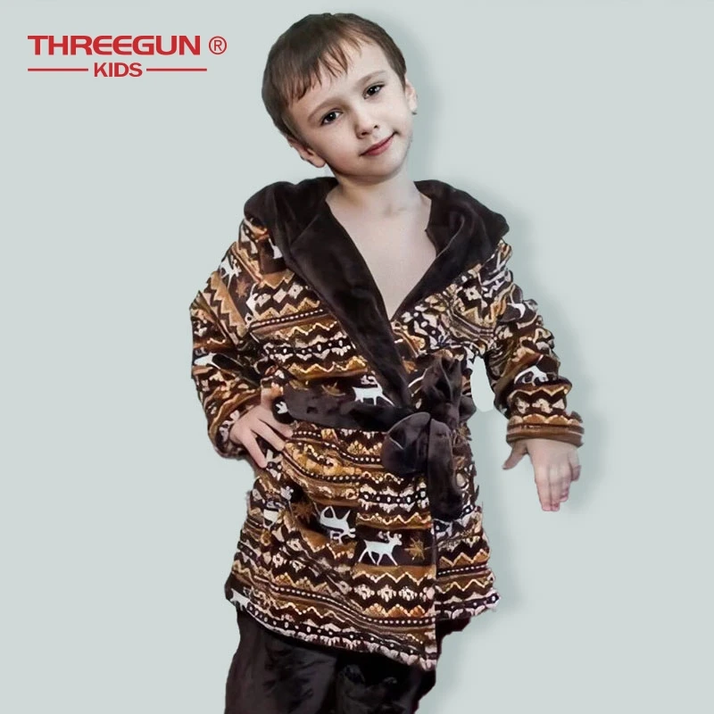 THREEGUN Kids детский банный халат фланелевый коричневого цвета для мальчиков зимняя
