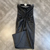 womens leather dress 2022 new style drawstring elastic split street sexy black pu leather tube top dress
