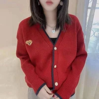 v neck single breasted contrast sweater cardigan womens 2021 early spring new fashion bear embroidered casual knitted jacket