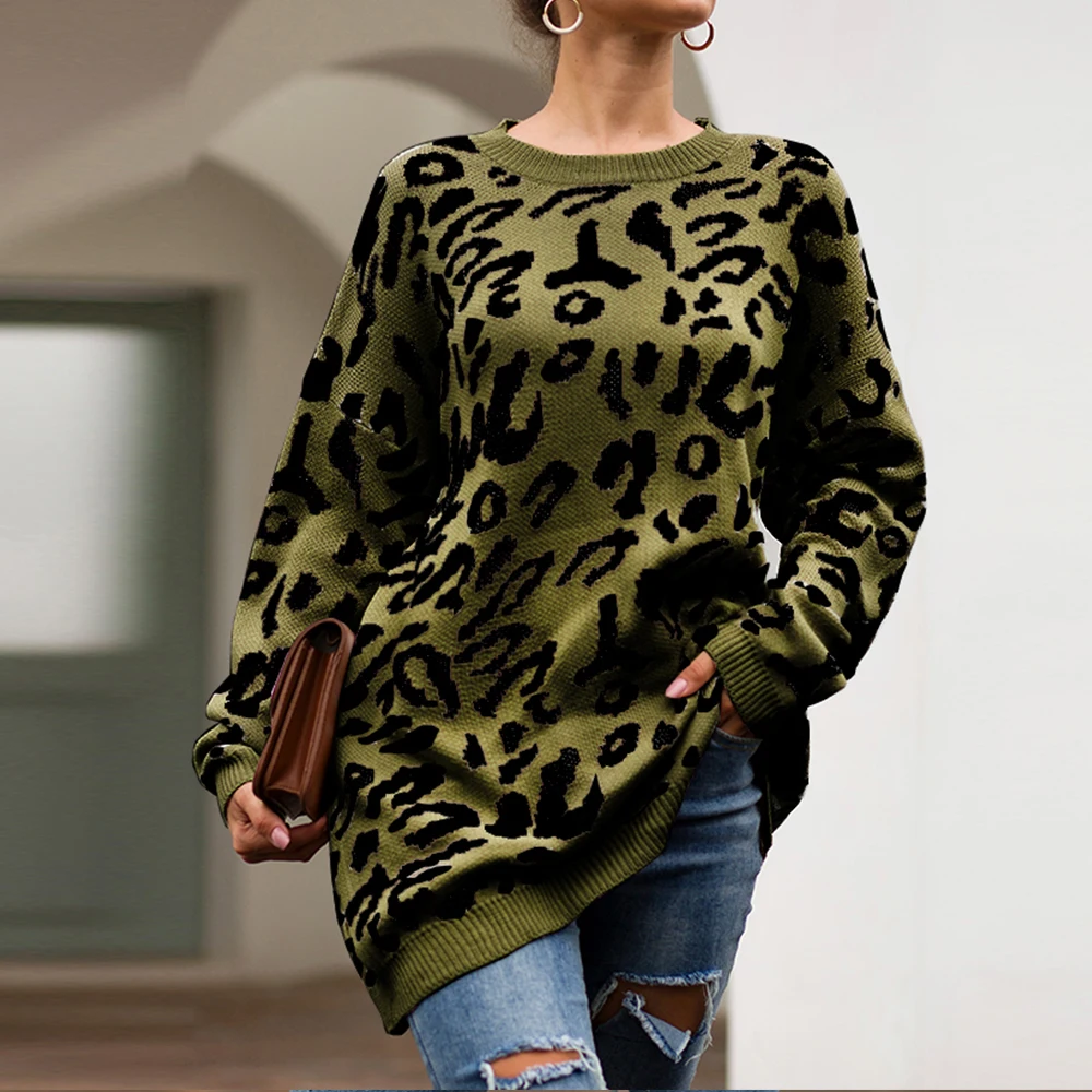 Модные осенние леопардовые пуловеры вязаные женские зимние свитера теплый