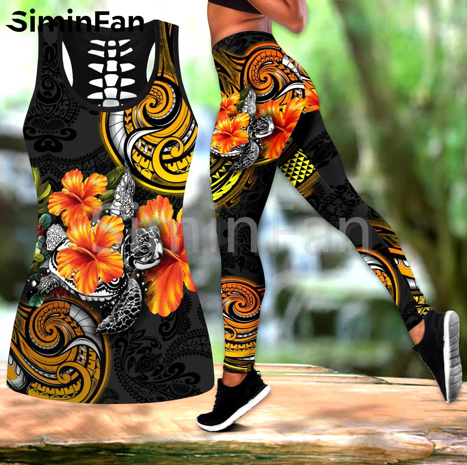

Polynesian Turtle Tattoo Combo Outfit Two Piece Yoga Sets Women 3D Print Hollow Out Tank Top Legging Summer Vest Casual Pant 07