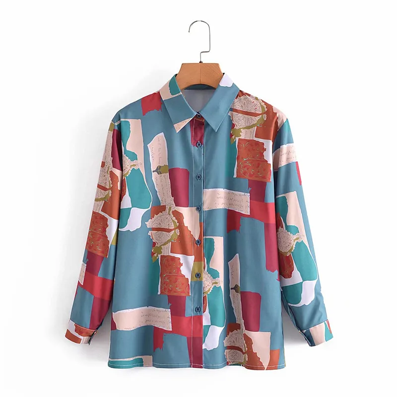 

Vogue Oversize Women Lapel Single Breasted Blouse Tide Spring Fashion Ladies Vintage Loose Female Colorblock printing Shirt