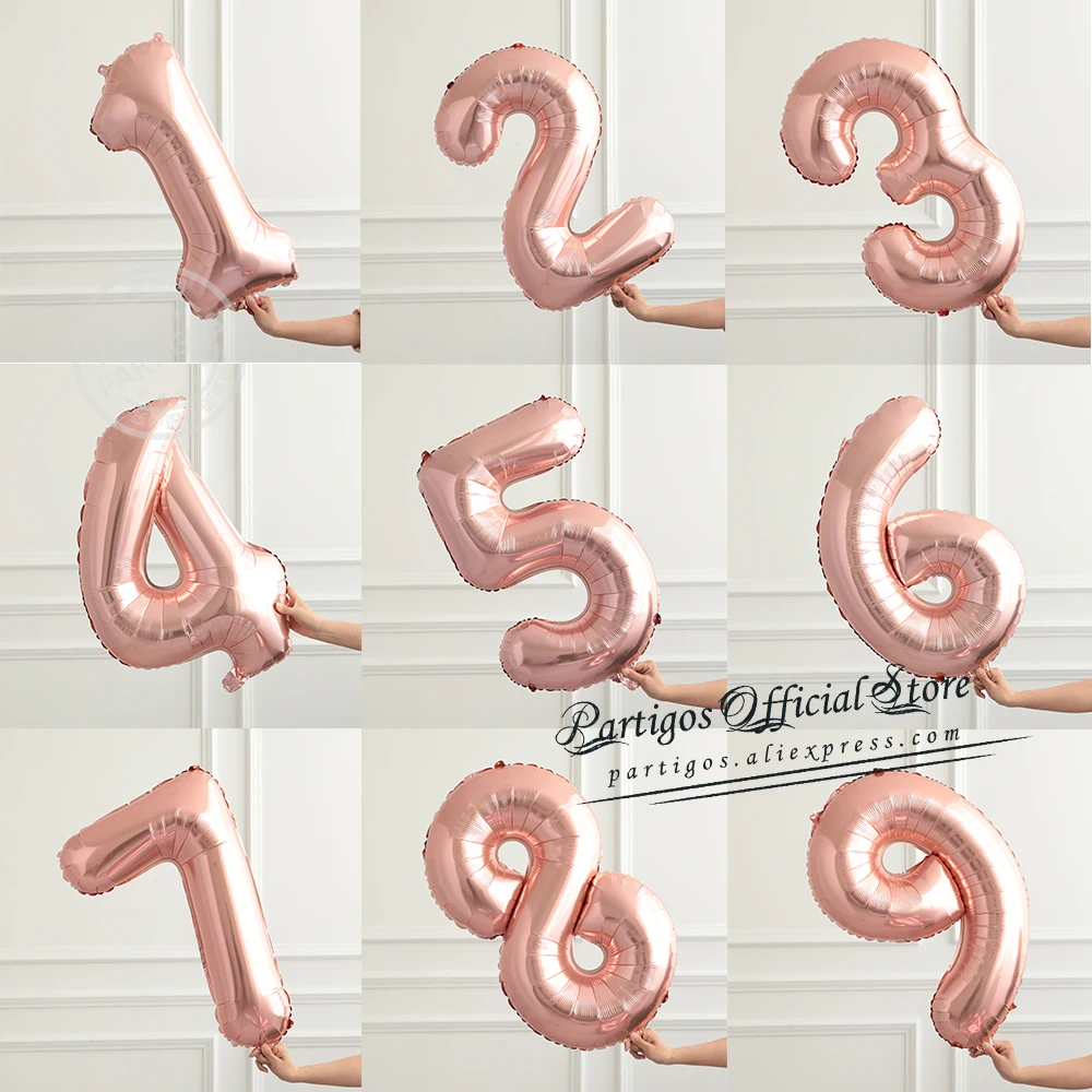 

10 unids/set 0-9/16/30/40 pulgadas Rosa globos dorados de aluminio con forma de 0-9 digital de globos aniversario boda para