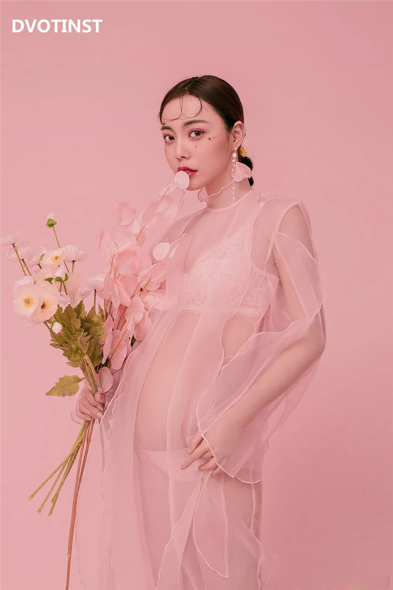 

Dvotinst Women Photography Props Lace Perspective Maternity Dresses Pink Full Sleeve Pregnancy Dress Studio Shoot Photo Clothes