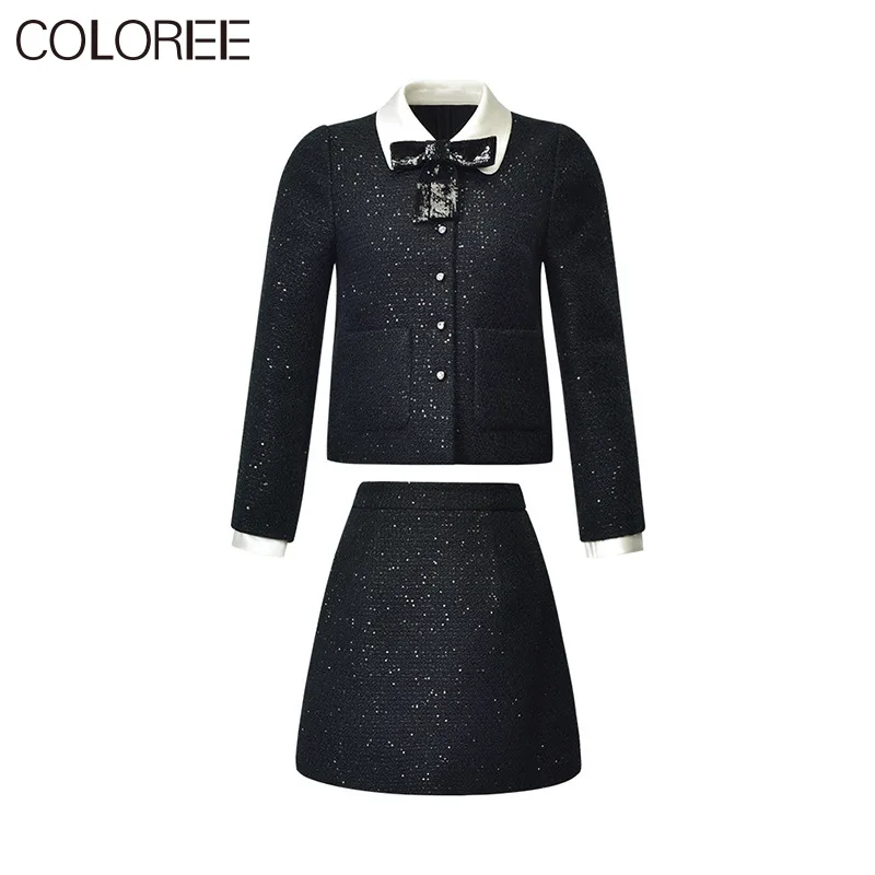 

Runway Designers Autumn Winter Clothes 2021 Fashion Elegant Bow Sequined Wool Jacket+mini Skirt Two Piece Set Women