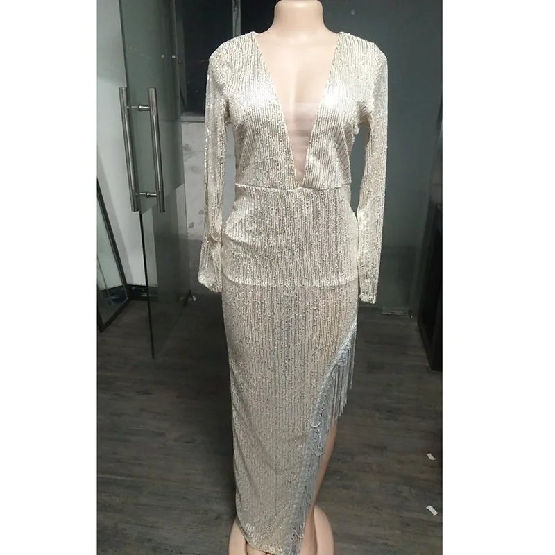 

Sexy Asymmetrical Dress with Beads Deep V Long Sleeve Splits Tassel Asymmetrical Evening Dresses Robe De Soiree