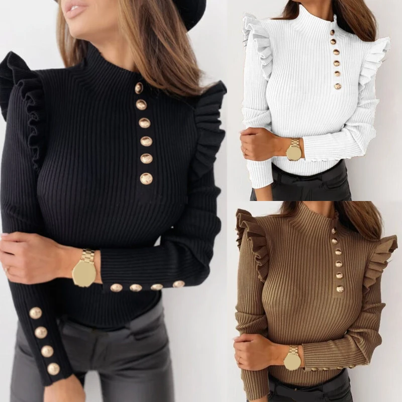 

Autumn Winter Women Long Sleeve Rib Blouse Turtleneck Buttons Ruffle Sweater Women's Clothing свитера женские 2022 Pull Femme