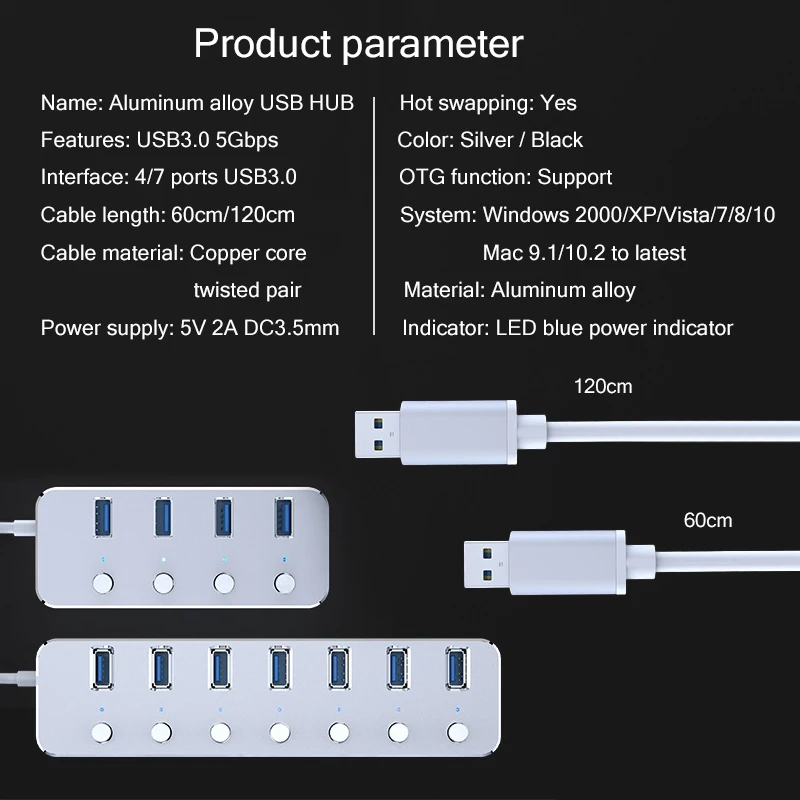 

Aluminum Alloy USB 3.0 Hub Switch HUB 60/120cm Cable Upto 5Gbps Splitter