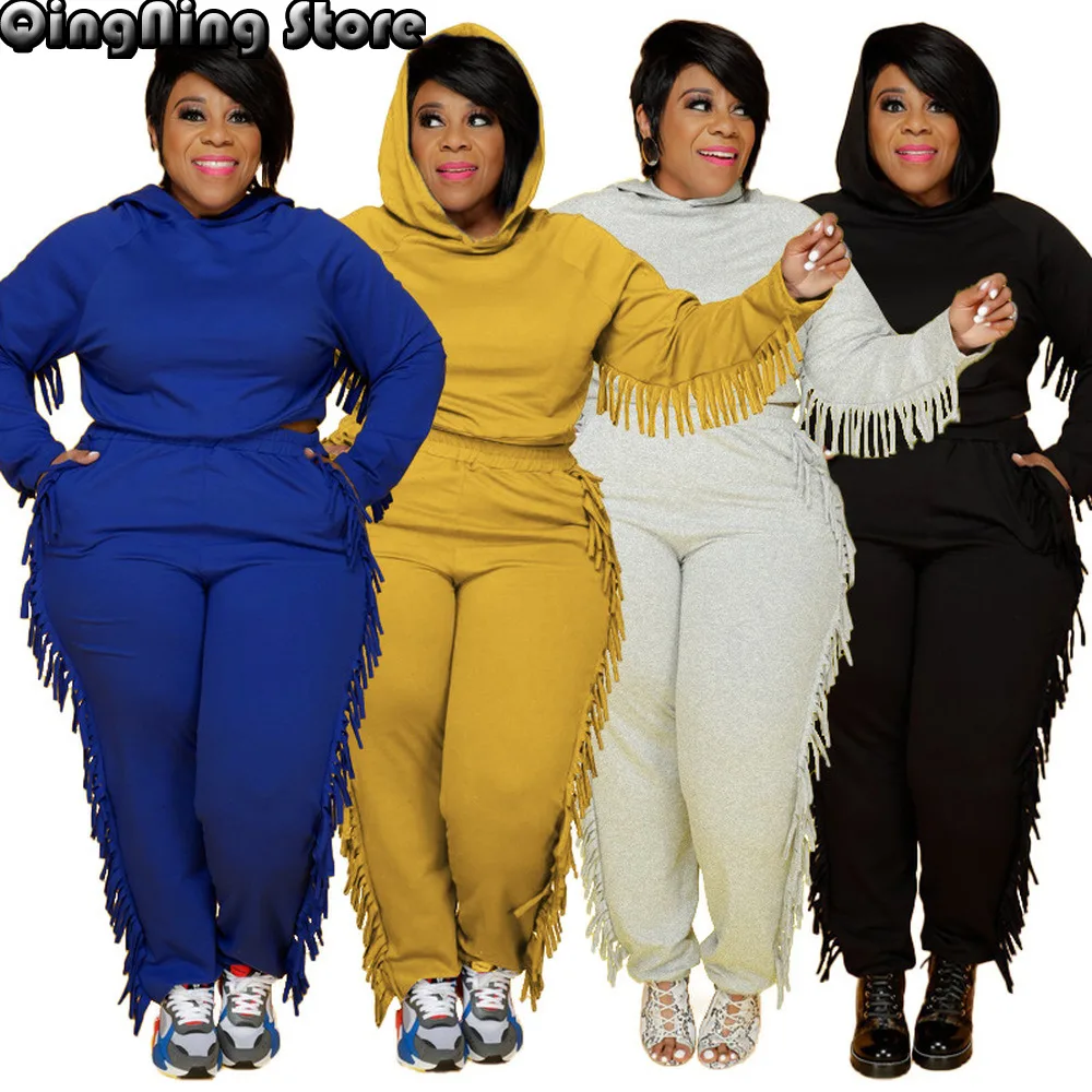 

ZJFZML ZZ Женская одежда, комплект из двух предметов, свитшот с капюшоном и длинными рукавами + спортивные брюки с боковыми кисточками, Прямая по...