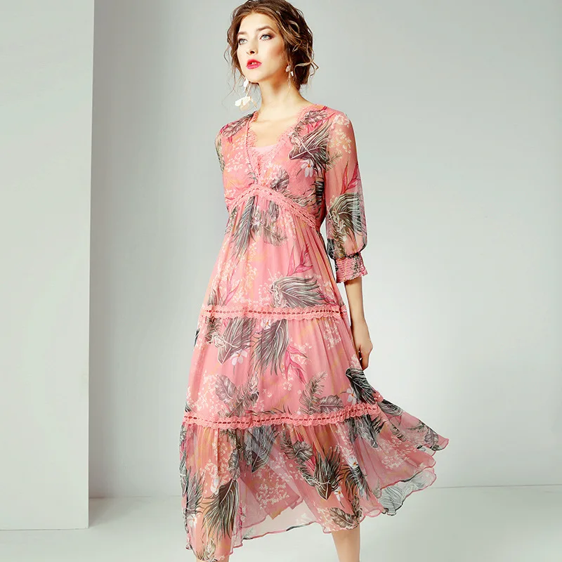 Розовый шифон Кружева цветочные шелковые платья 2020 летние брендовые Длинные