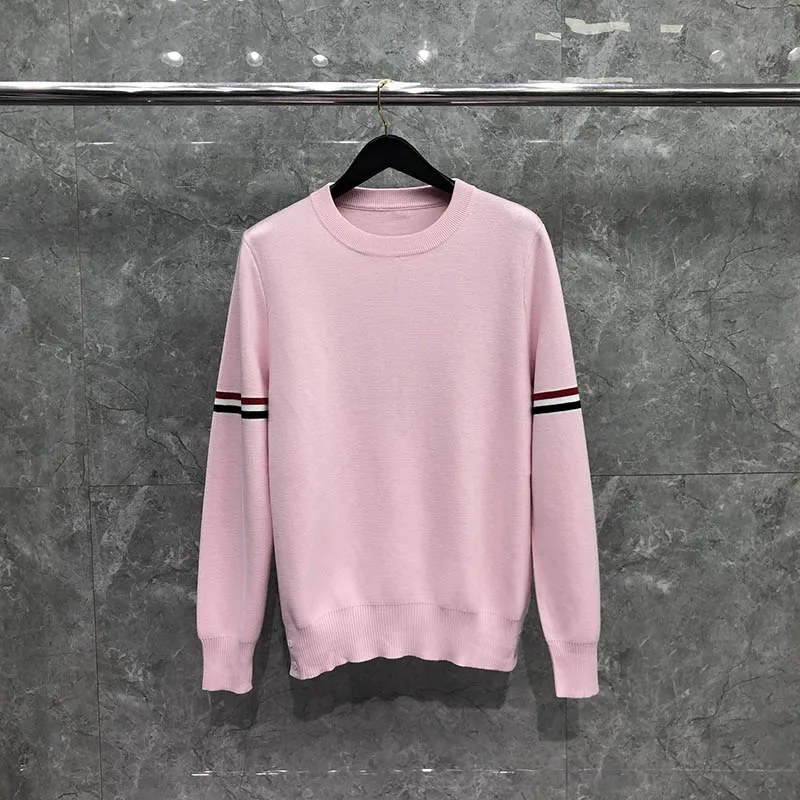 TB THOM Sweater Autunm Winter Men's Sweaters Fashion Brand Clothing Cotton Armband Stripe Crewneck Pullover Pink TB Sweater