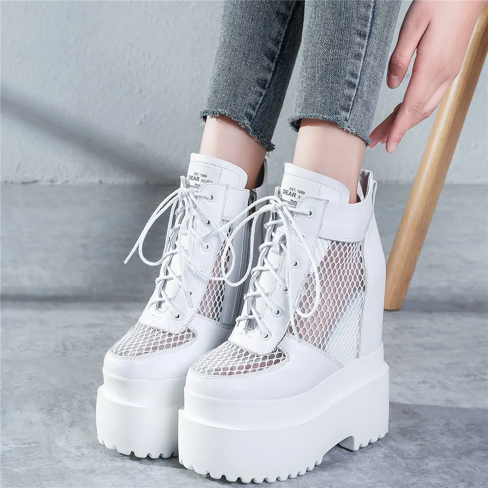 

Casual Shoes Women Lace Up Genuine Leather Wedges High Heel Pumps Shoes Female Breathable Mesh Chunky Platform Fashion Sneakers