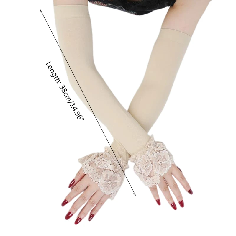 

Women UV Protection Ice Silk Fingerless Gloves Floral Lace Patchwork Arm Warmer M7DD