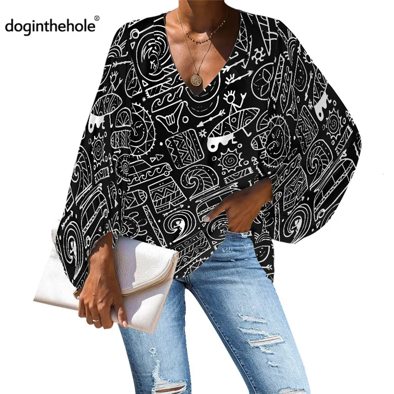 

Рубашка Doginthehole женская с рукавами-фонариками, черный Свободный пуловер с Полинезийским принтом, пикантная шифоновая блузка с V-образным вырезом