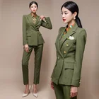 Зеленый Женский комплект из двубортного пиджака и брюк-карандаш, женский брючный костюм, женский костюм для работы, Женский комплект из двух предметов GD231