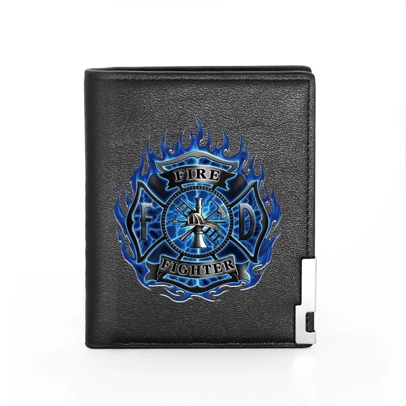 

2020 New Blue Fire Firefighter Printing Black Leather Wallet Fashion Firemen Men Women Credit Card Holder Short Purse