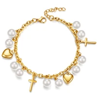 fashion female cross heart charm bracelet with imitation pearl pendant gold color stainless steel bracelet for women jewelry