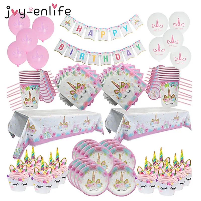 

Unicorn Party Supplies Kids 1st Birthday Decor Paper Cups Plates Tablecloth Napkin Banner Cake Topper Baby Shower Party Supplies
