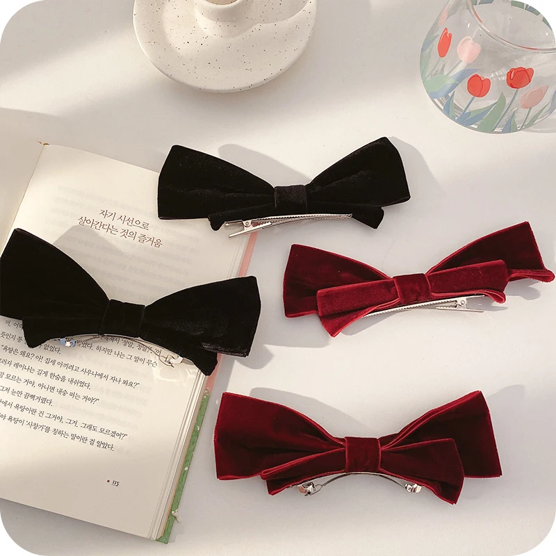 Корейские туфли лодочки цвета: черный бархат заколка бабочка красный крылья феи