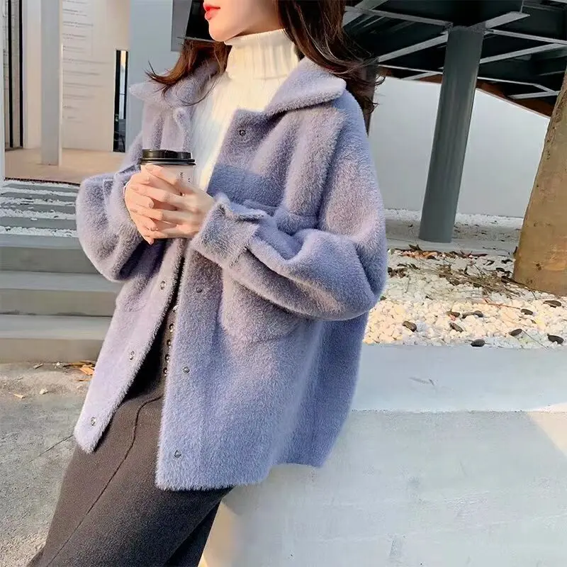 2021 Женский вязаный свитер кардиганы длинный рукав однобортный с карманами