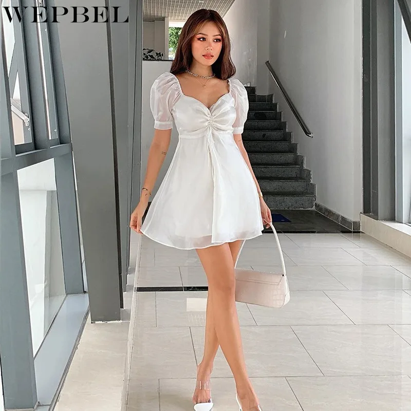 

WEPBEL Summer Fashion Solid Color Slim Mesh Dress Women's Sexy Short Puff Sleeve V-neck Backless High Waist Dress
