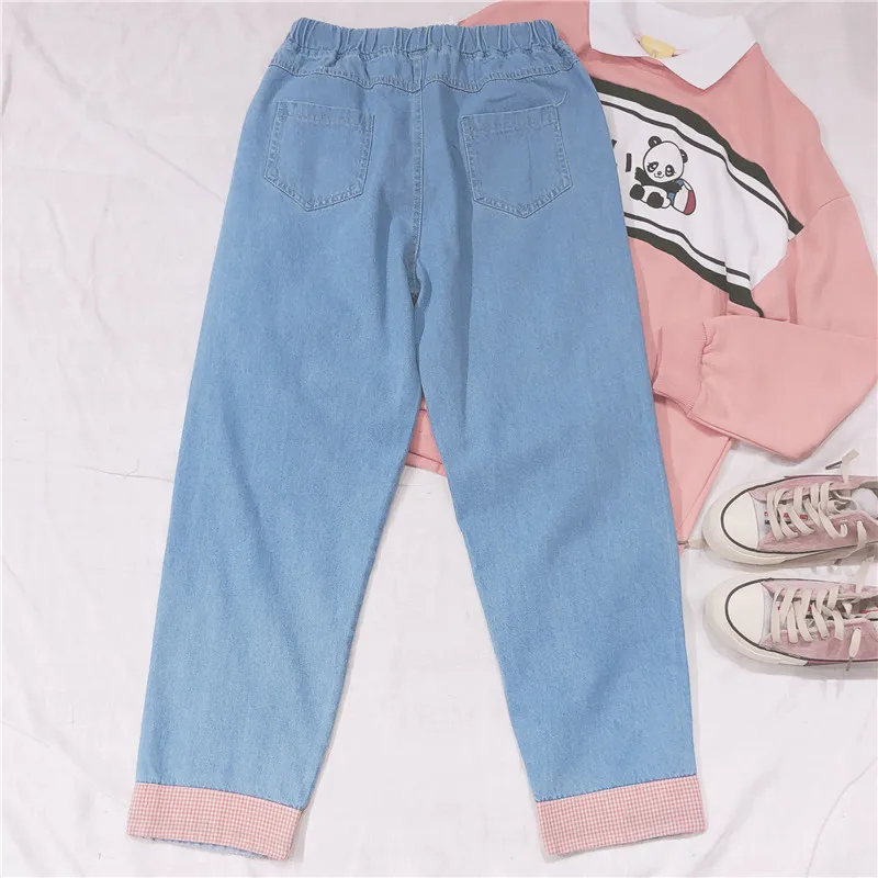 Осенние новые японские Harajuku kawaii Wild свободные джинсы с высокой талией и вышивкой кота женские маленькие свежие штаны для девочек в Корейском стиле