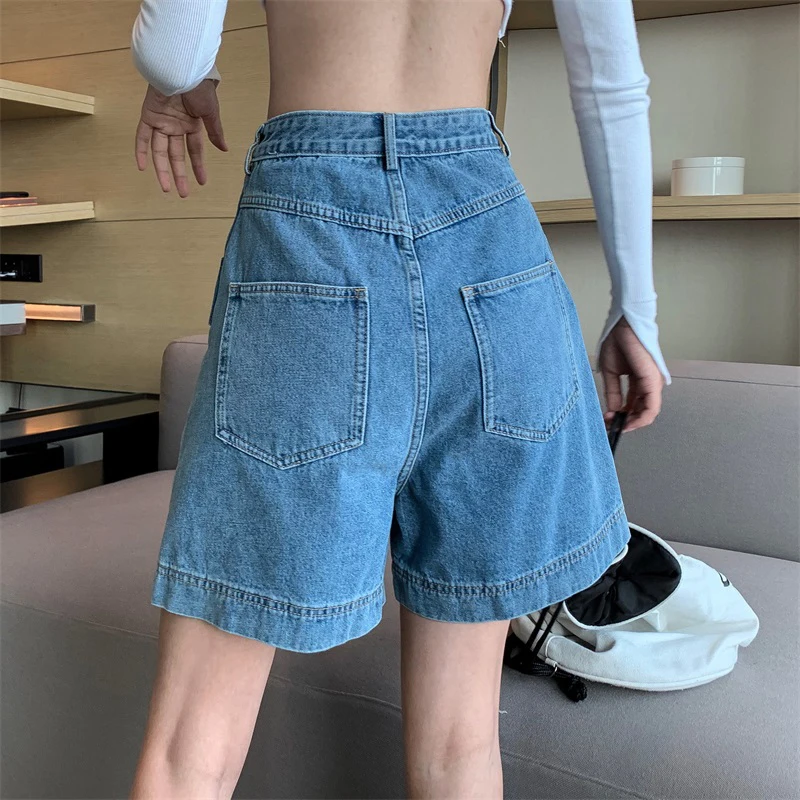 

CHICEVER Casual Hit Color Denim Shorts For Women High Waist Irregular Patchwork Pockets Loose Female Summer Fashion 2021 Style