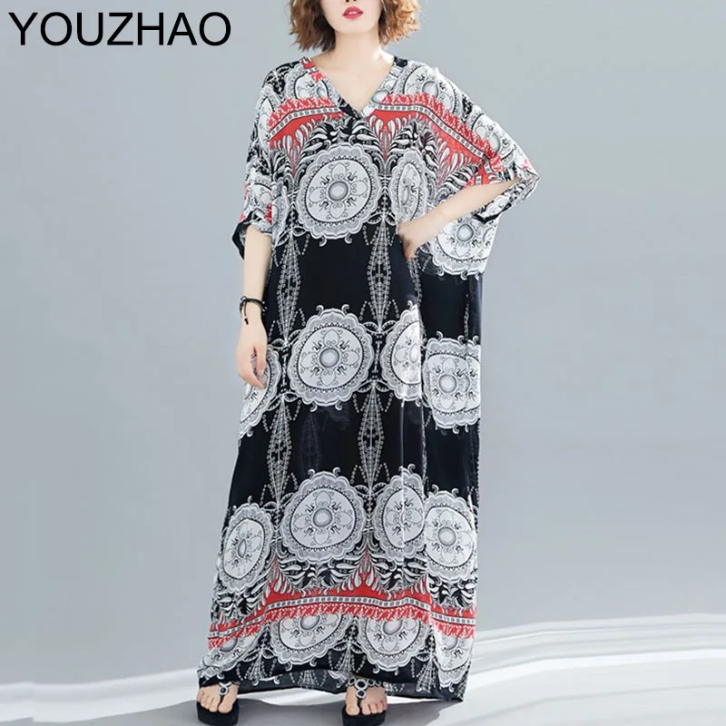 Винтажное хлопковое льняное платье размера плюс с цветочным принтом женское