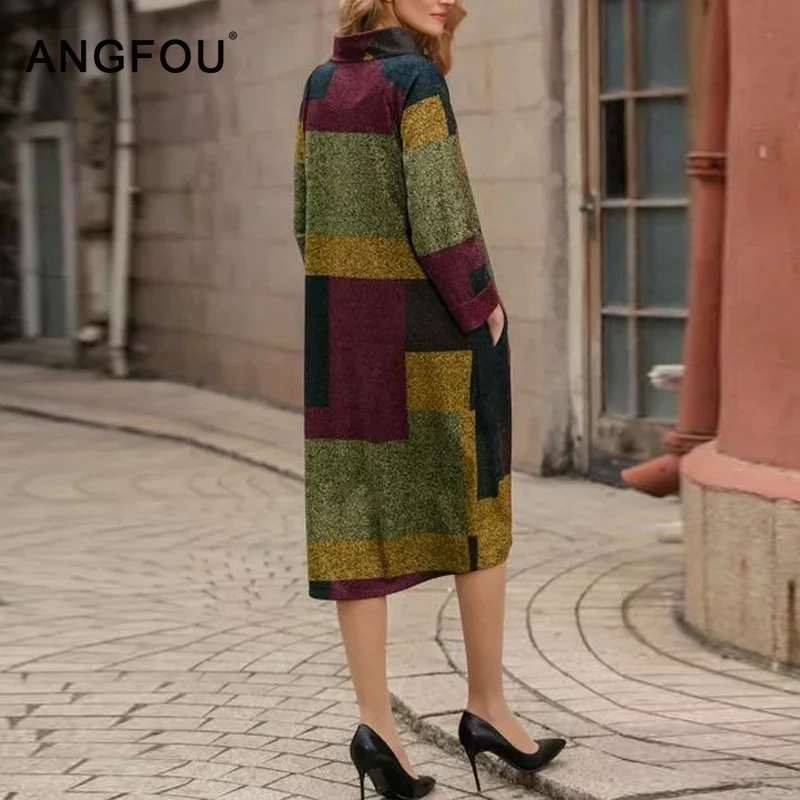 

2020 Fashion Patchwork Women Dress Long Sleeve Dresses Ladies Pocket O Neck Vintage Color Print Dress Female Casual Dresses