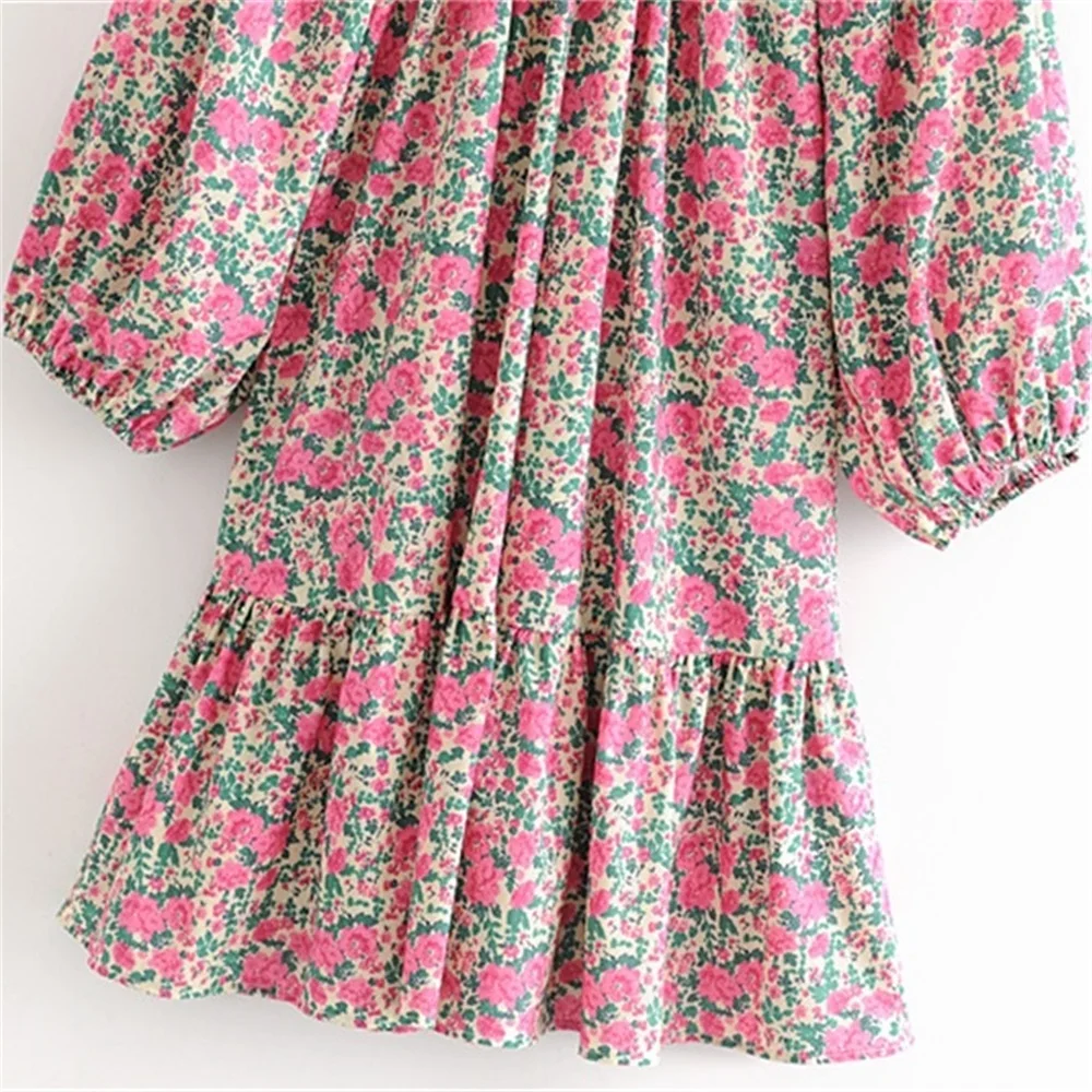 

2020 Spring Women's New Round Neck Puff Long Sleeve Stretch Cuffs Laminated Decorative Hem Short Dress Loose Print Mini Dress