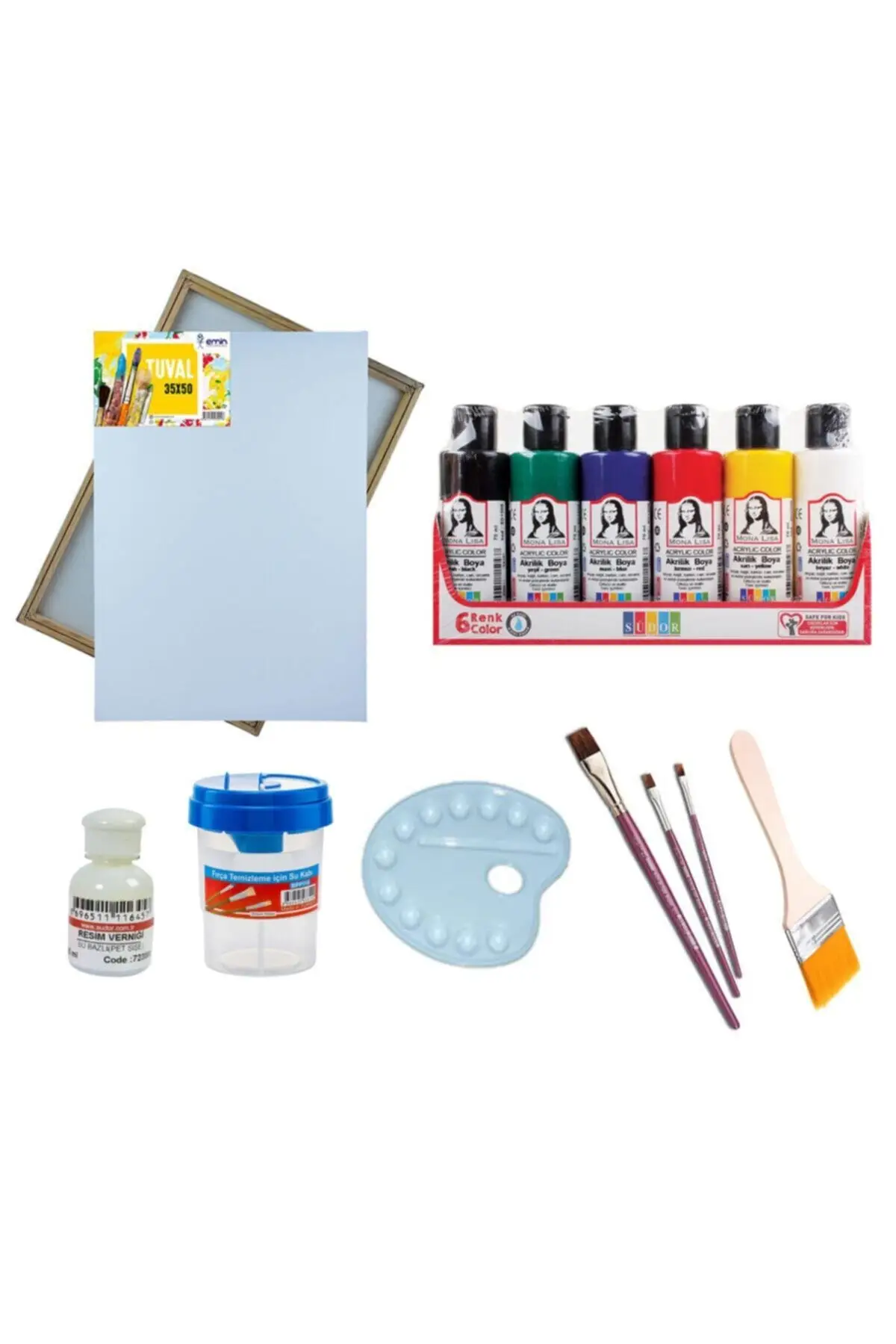 

Acrylic Paint Set, 35x50 Canvas, Brush, 6'l Acrylic Paint, Pallet, Water Container, picture Varnish